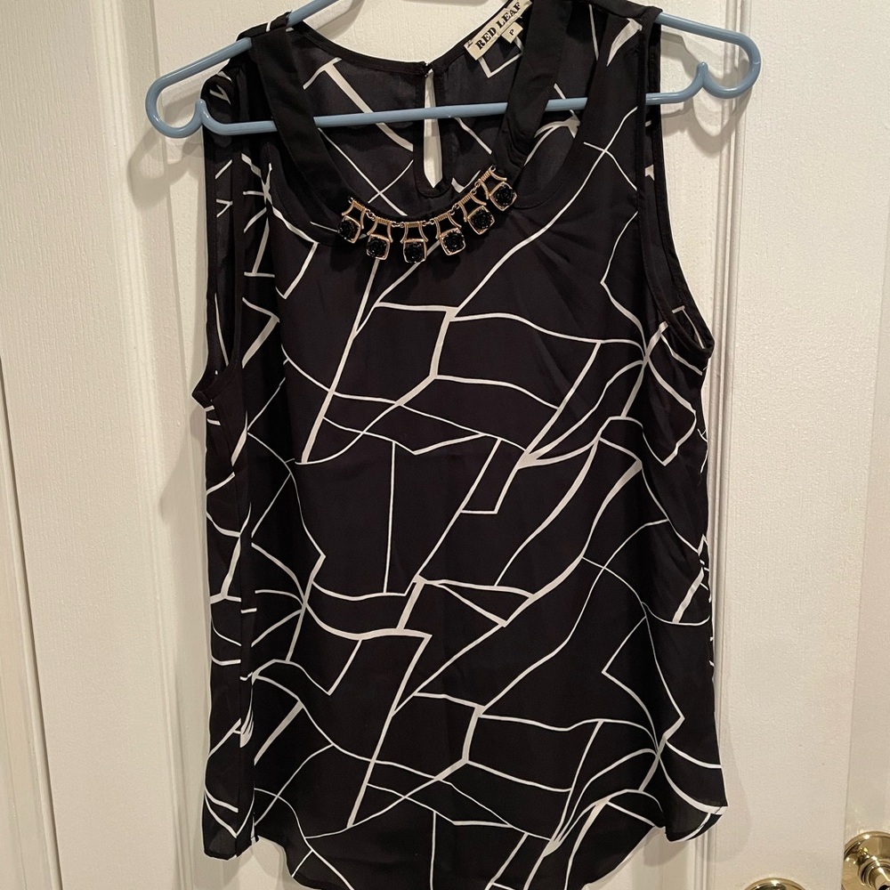 Jeweled Neckline Black and White Geometric Sleeveless Blouse